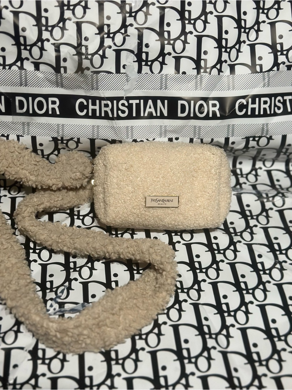 YSL Cream Shearling Crossbody Camera Bag